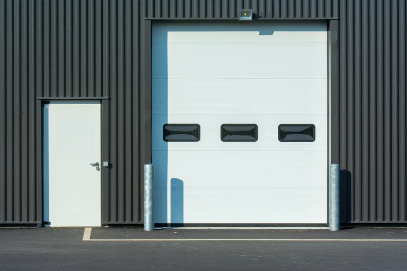 White sectional overhead commercial door with vision lites on a metal-clad building